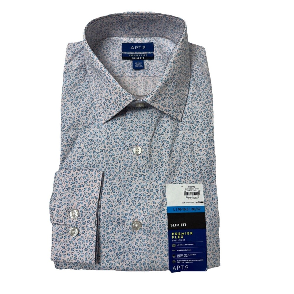 New APT.9 Large 16 Slim Fit Men's Dress Shirt Blue Pink Floral Wrinkle Resistant